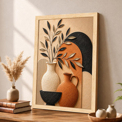 Boho Botanical 3D Textured Embossed Still Life Painting for Living Room, Terracotta & Neutral Ceramic Vases Motifs Rectangular Shape Framed Wall Painting for Home Decor (Size: 13x17 Inch)