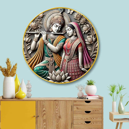 Radha Krishna Round Wall Art | 3D Embossed MDF Panel with Golden Rim | Divine Love Theme Home Decor | Traditional Spiritual Wall Frame for Living Room, Bedroom & Gift Purpose 16 Inch x 16 Inch