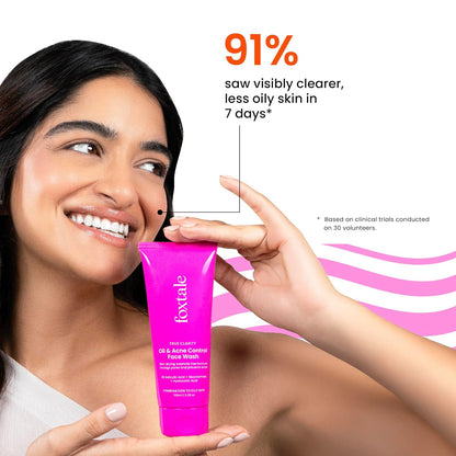 Foxtale Oil and Acne Control Face Wash | 2% Salicylic Acid + Niacinamide + Cica + Hyaluronic Acid | Fights Acne, Fades Marks, Controls Oil, Soothes Skin | Non-Drying Cleanser for Oily Skin