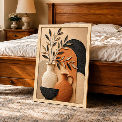 Boho Botanical 3D Textured Embossed Still Life Painting for Living Room, Terracotta & Neutral Ceramic Vases Motifs Rectangular Shape Framed Wall Painting for Home Decor (Size: 13x17 Inch)