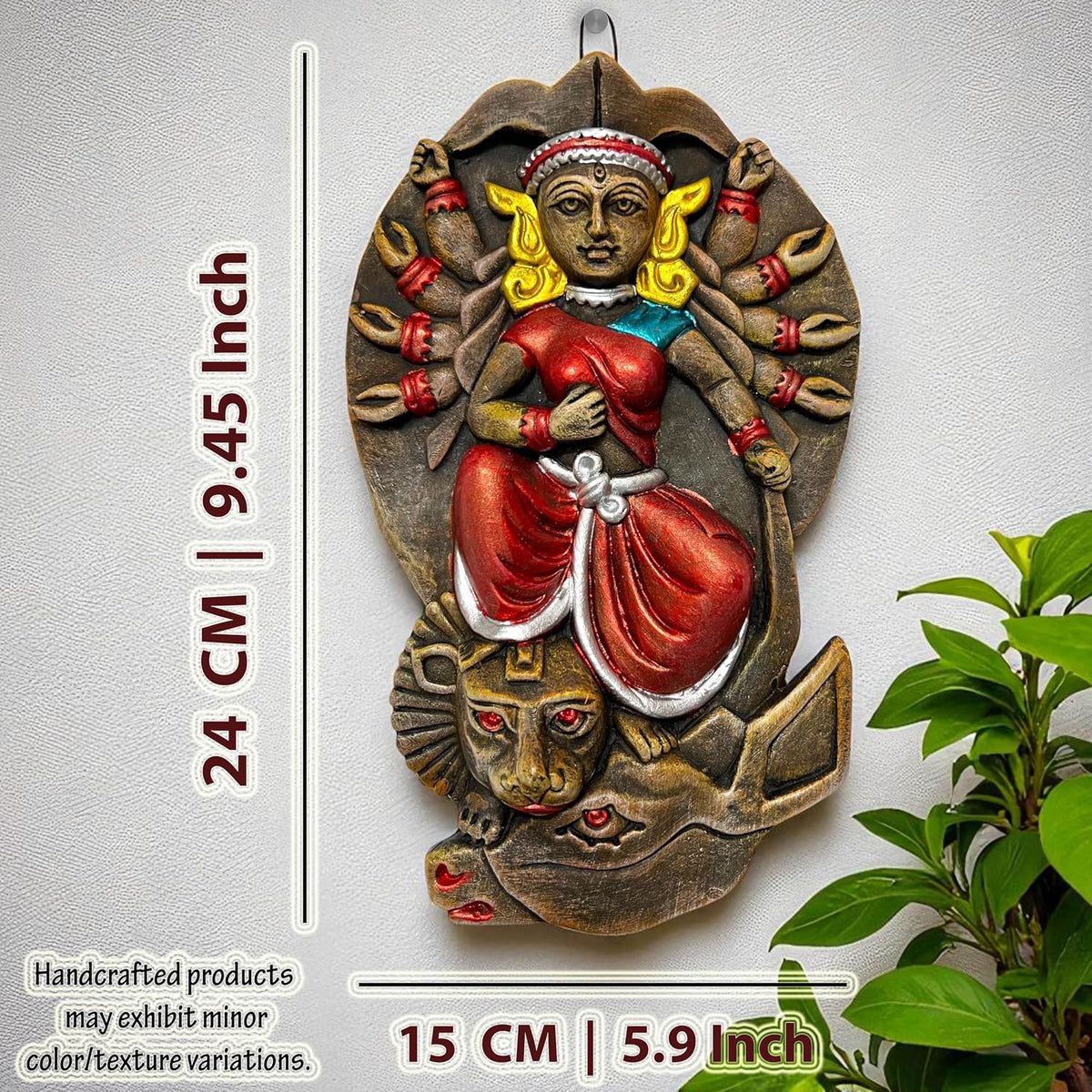 Maa Durga Terracotta Wall Hanging Idol Murti | Mahisasur Mardini Sherawali Devi MATA Wall Art Decor for Home, Temple, Mandir & Office Decor | Spiritual Gifts (24x15 CM)