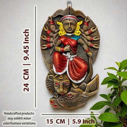 Maa Durga Terracotta Wall Hanging Idol Murti | Mahisasur Mardini Sherawali Devi MATA Wall Art Decor for Home, Temple, Mandir & Office Decor | Spiritual Gifts (24x15 CM)