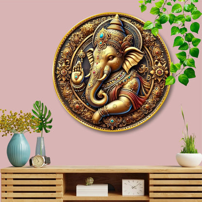 Golden Ganesha Round Wall Art | MDF Panel with Royal Detailing | Lord Ganesh Spiritual Wall Hanging for Home, Temple & Office Decor | Artistic Golden Frame with Premium Finish 23 Inch x 23 Inch