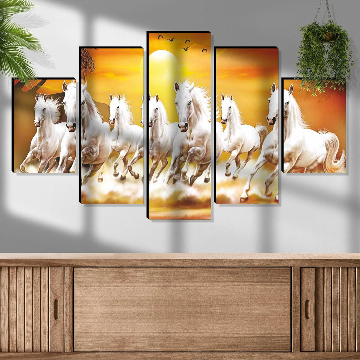 7 Running horses Paintings for Living Room | Painting for Wall Decoration | 3D Wall Art for Bedroom | Seven Running Horse Wall Painting Set of 5 (76.2 x 45.72 cms) PNLS173