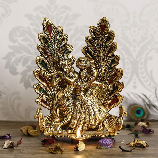 Decorative Golden Metal Radha Krishna Idol with Diya Decorative Showpiece for Home Decor Pooja Room Temple | Gift for Diwali Krishna Janmashtami Housewarming Wedding Birthday