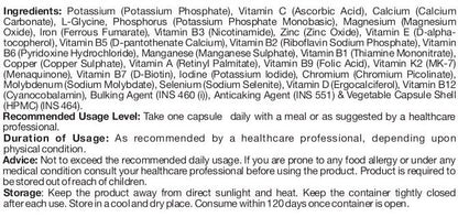 Supplement label with ingredients and usage instructions on a white background