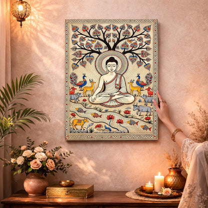 Madhubani Buddha Painting for Living Room, Buddha wall Art Painting for living room, Bedroom, office and Home, Canvas, 16x22 Inch