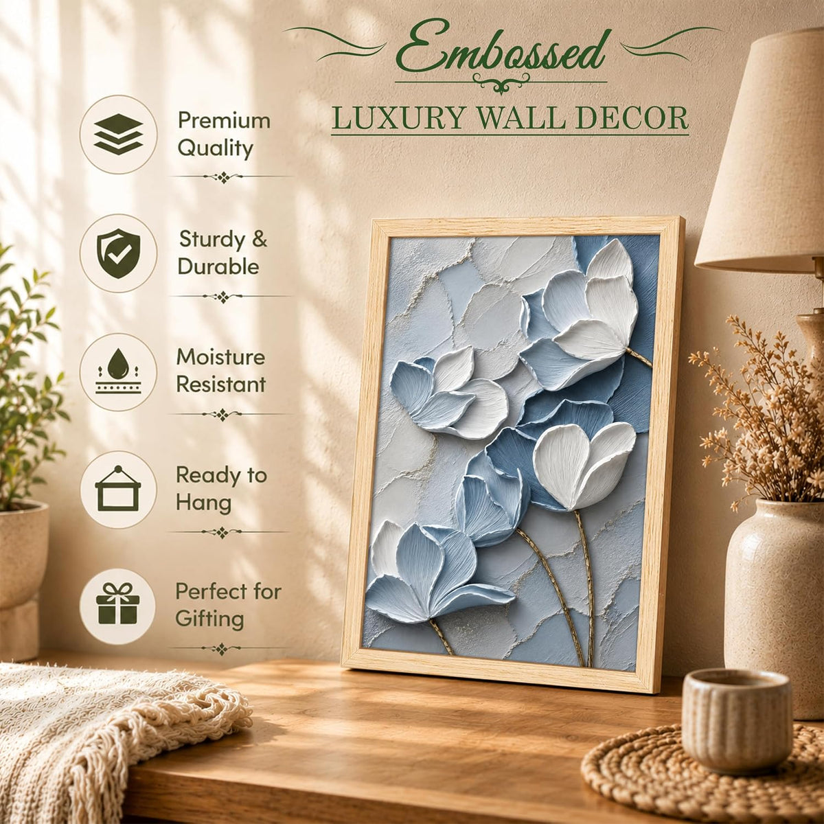 Modern Abstract 3D Textured Floral Painting for Living Room, Blue & White Magnolia Motifs Rectangular Shape Framed Wall Painting for Home Decor (Size: 8x12 Inch)