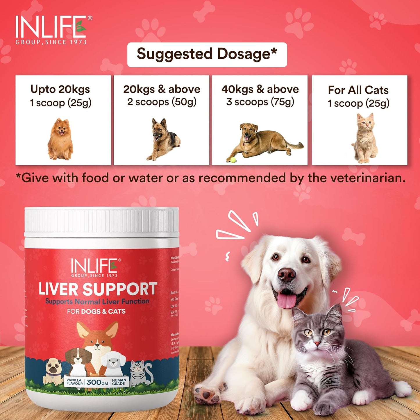 INLIFE Liver Detox Supplement for Dogs Cats and Pets | Liver Support Powder with Whey Protein, MCT, L-Carnitine, L-Taurine & BCAAs, 300g (Vanilla)