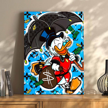 Luxury Cartoon Duck Pop Art Canvas Wall Art Painting For Living Room | Money & Success Theme Street Art Wall Art Painting | Modern Graffiti Style Artwork for Home & Office, 41x56 cm