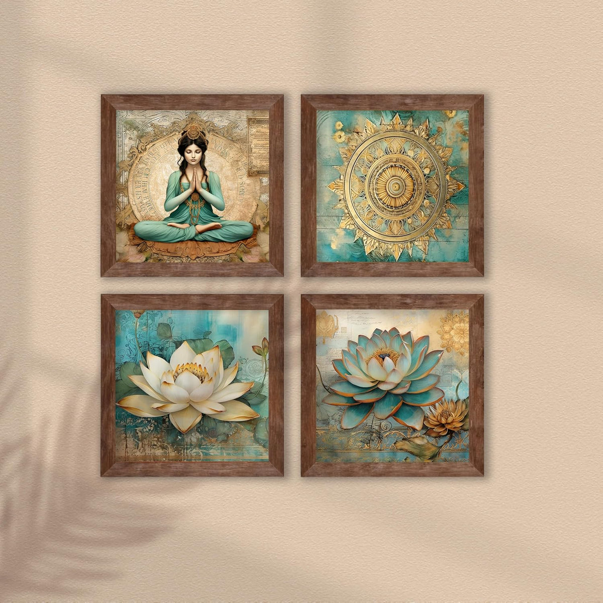 Lotus Meditating Woman Wall Art painting for living room, Spiritual Flower Framed painting, Set of 4, 9x9 Inch