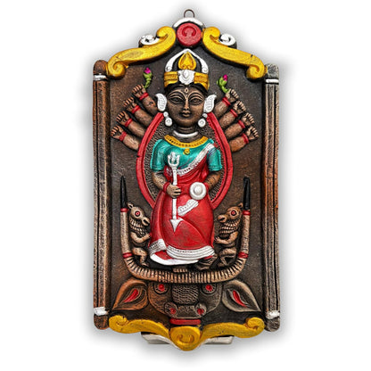 Maa Durga Murti Mahisasur Mardini Terracotta Wall Hanging Idol | Sherawali Devi MATA Wall Art Decor for Home Temple, Mandir, Living & Office Decor | Spiritual Gifting (24x13 CM)