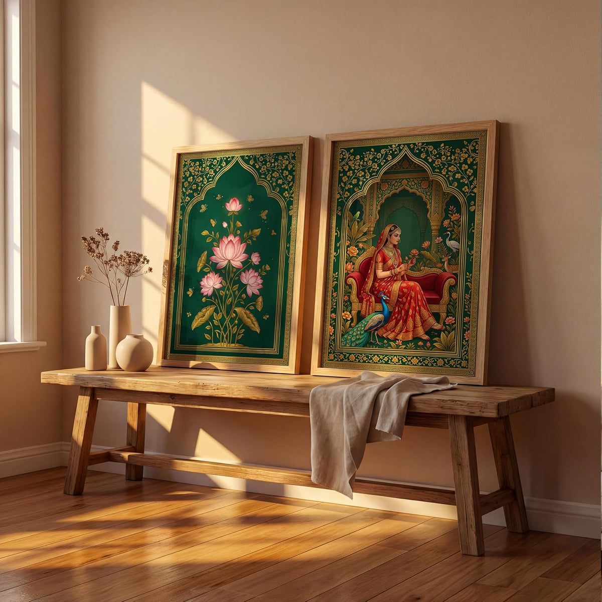 Rajasthani Rani Lotus Flower Wall Art Painting | Set of 2 Framed Paintings | Mughal Indian Decor for Living Room Bedroom Home Office | (ART 7, 13x19 INCHES)