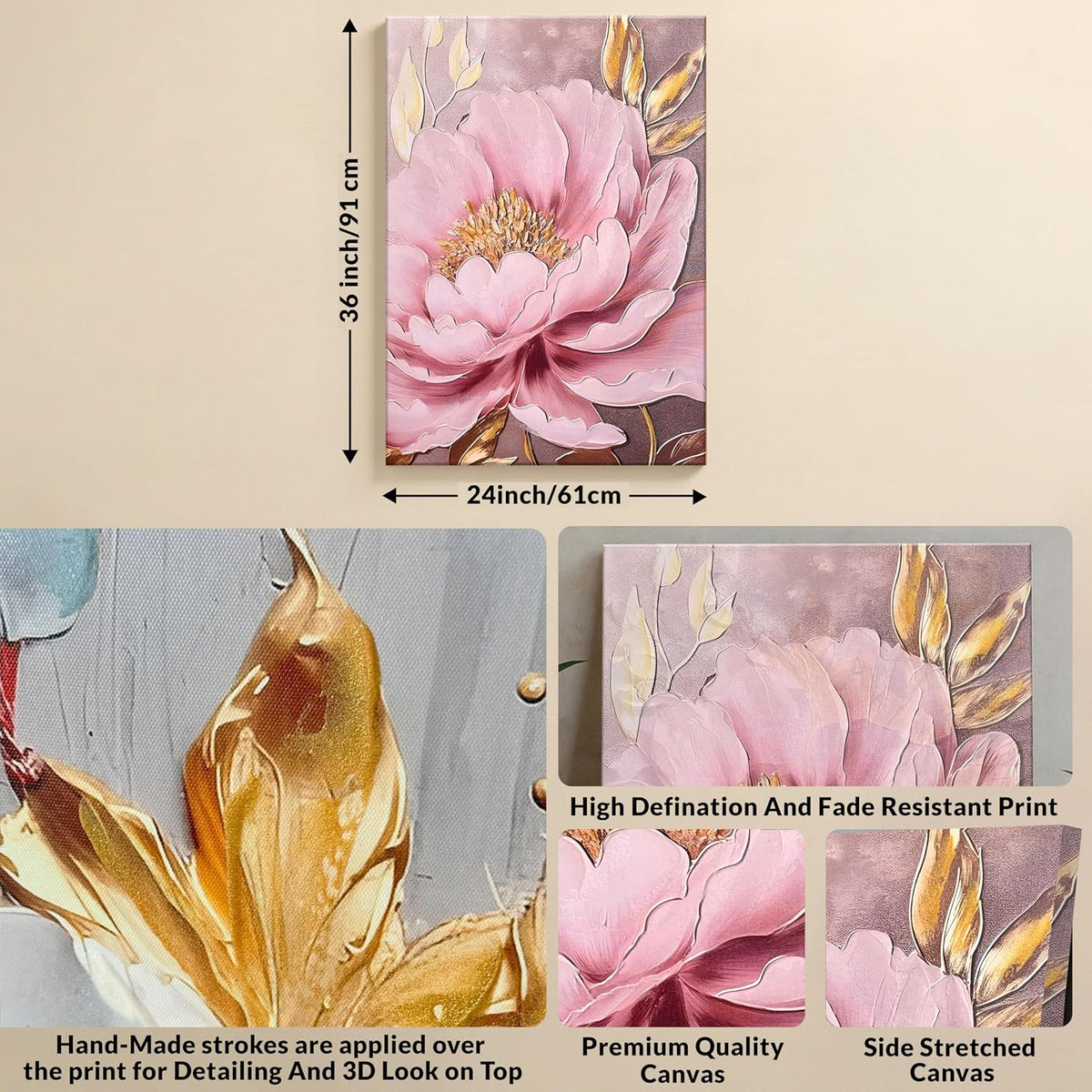 Stretched Canvas Pink Peony Wall Art Painting Abstract Floral Canvas 3D Textured Painting for Living Room Abstract Paintings for Bedroom Office Wall Décor Hand Painted Art 61x91 cm