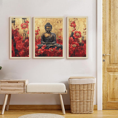 Buddha Floral Abstract Framed Wall Art Painting Home Décor Pack Of 3 | Digital Scenery Painting with Frame | Suits Hallways, Living Room, Bedroom, Office Set Of 3, 22x46 cm, 33x44 cm