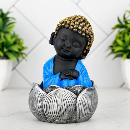 Laughing Buddha Baby Monk Idol Statue Showpiece Home Decor Items for Living Room and Gifts (Blue Black)