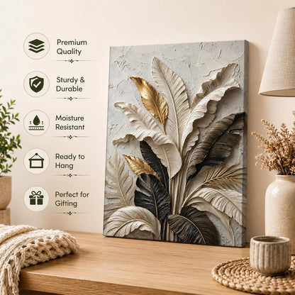 Textured Embossed Leaf Floral Canvas Wall Art Painting for wall decoration, Neutral & Gold Tropical Leaf Motifs Flower Stretched Canvas Painting for living room, bedroom, Office, 16x22 Inch