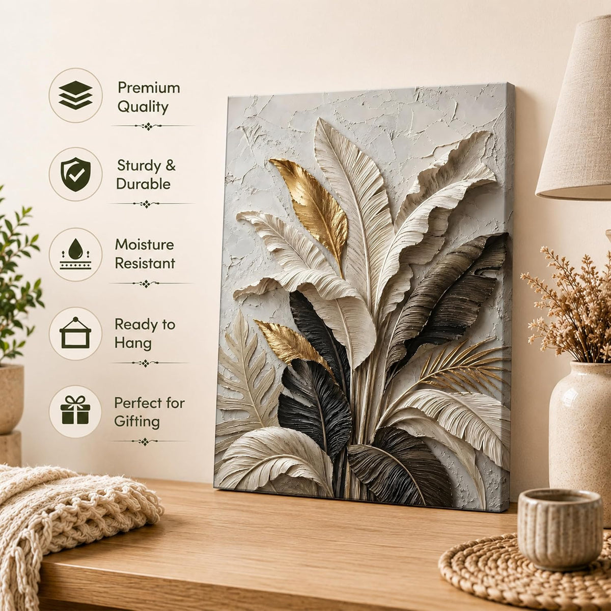 Textured Embossed Leaf Floral Canvas Wall Art Painting for wall decoration, Neutral & Gold Tropical Leaf Motifs Flower Stretched Canvas Painting for living room, bedroom, Office, 22x34 Inch