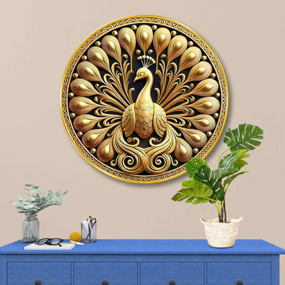Golden Peacock Round Wall Art | 3D Embossed MDF Panel with Metallic Finish | Luxurious Home & Office Wall Decor | Elegant Artistic Frame for Living Room, Bedroom & Gift Purpose 12 Inch x 12 Inch