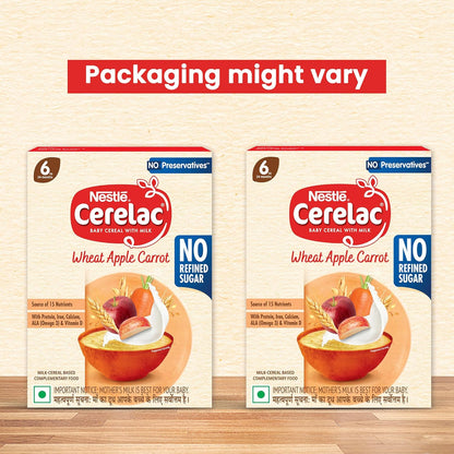 CERELAC Baby Food Cereal | No Refined Sugar | No Preservatives | Wheat Apple Carrot for 6 to 24 Months Baby | With Omega 3 Iron Protein Calcium Vit D | Instant Cereal | 300g (Weight may vary upwards)