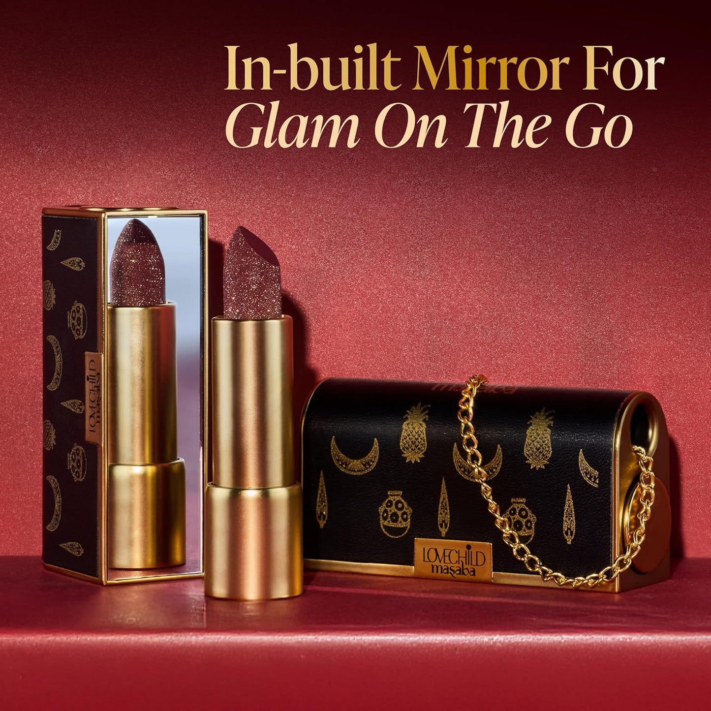 LoveChild Masaba "The Batua" Lipstick, Gulaabo (Red) Rich Satin Finish Lipstick with Built-in Mirror, Hydrating, Nourishing Formula with Jojoba Oil, 4g