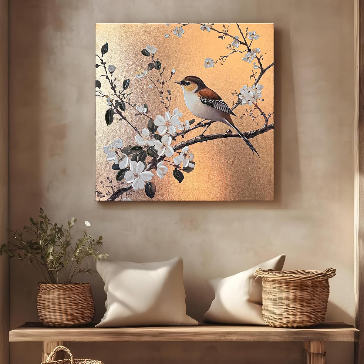 Stretched Canvas Glitter Gold Foil 3D Sparrow Birds of Cherry Blossom Flower Wall Art Bird Print with Hand-Painted Strokes Painting T1exture 3D Stretched Canvas Giclée Print, 61x61 cm
