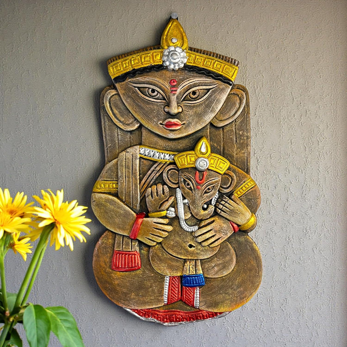 Maa Durga with Ganesh Terracotta Wall Hanging Idol Murti Decor | Devi MATA & Ganesha Janani Decor | Spiritual Art for Temple, Home & Office Decor | Spiritual Gift (31x17 CM)