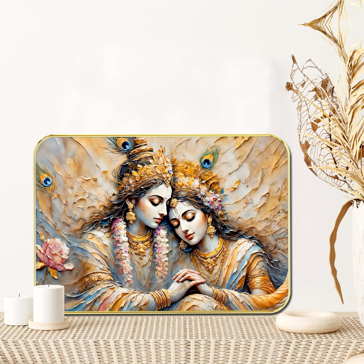 Radha Krishna Wall Art | Divine Romantic Spiritual Painting with 3D Textured Effect & Peacock Feathers | Framed Decorative Artwork for Living Room, Pooja Room (13 Inch x 19 Inch) MG01-823