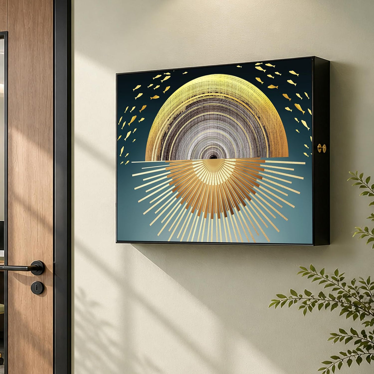 Electric MCB Box Cover Frame With Hydraulic Decorative Painting Gold Sun Painting Electrical Panel box Cover, Switch Box Frame Will Fit Max 10x14 inch Switch Board, Outer Size 13X17 Inch