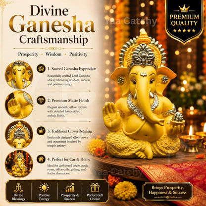 Yaa Catchy Mango Yellow Ganesha Idol Car Dashboard Idol Ganesha Murti Ganpati Idol for Home Decor Pooja Lord Ganesh Statue Gift for Office Desk Pooja Room (Ganesha Yellow & Gold)