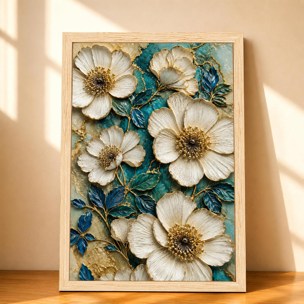 Modern Abstract 3D Textured Floral Painting for Living Room, Teal & Gold Blooming Flower Motifs Rectangular Shape Framed Wall Painting for Home Decor (Size: 8x12 Inch)