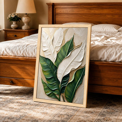 Modern Abstract 3D Textured Embossed Leaf Painting for Living Room, Green & White Tropical Leaf Motifs Rectangular Shape Framed Wall Painting for Home Decor (Size: 13x17 Inch)