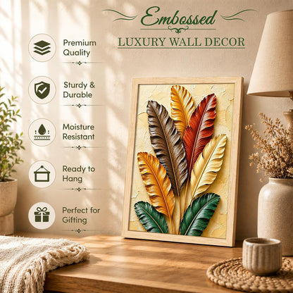Modern Abstract 3D Textured Embossed Leaf Painting for Living Room, Warm Earth Tone Feather & Leaf Motifs Rectangular Shape Framed Wall Painting for Home Decor (Size: 13x17 Inch)