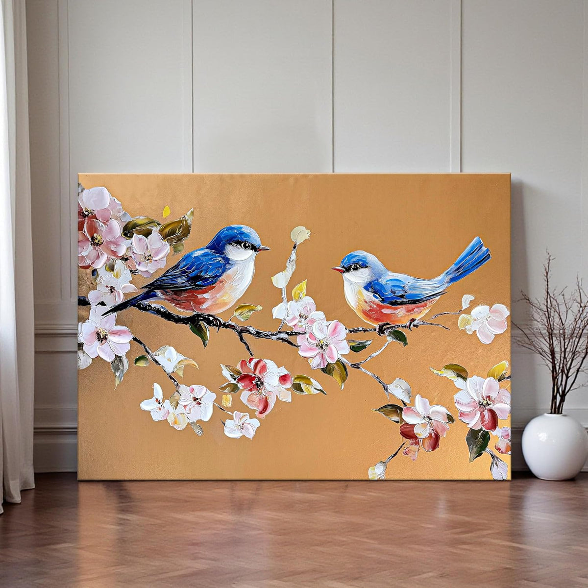 Stretched Canvas Glitter Gold Foil 3D Bird Wall Art with Cherry Blossom Flowers, Stretched Canvas Textured Floral Bird Painting Hand-Painted Blue Birds Sakura Branch Gold Art, 61x91 cm