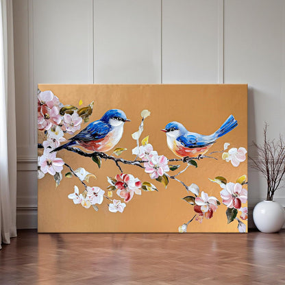 Stretched Canvas Glitter Gold Foil 3D Bird Wall Art with Cherry Blossom Flowers, Stretched Canvas Textured Floral Bird Painting Hand-Painted Blue Birds Sakura Branch Gold Art, 61x91 cm