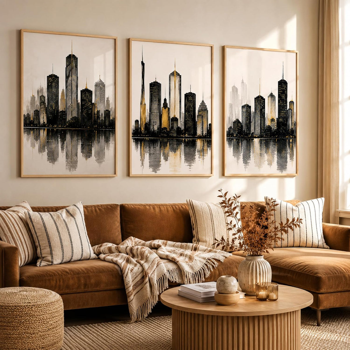 Set of 3 Modern City Skyline Wall Art Paintings for Living Room | Luxury Urban Cityscape Wall Decor | Framed Wall Paintings for Bedroom, Office, Hall & Home Decoration (13x19 Inches)