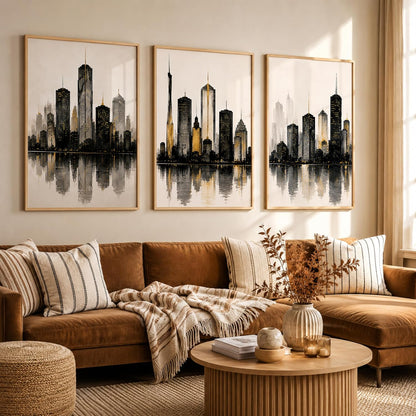 Set of 3 Modern City Skyline Wall Art Paintings for Living Room | Luxury Urban Cityscape Wall Decor | Framed Wall Paintings for Bedroom, Office, Hall & Home Decoration (13x19 Inches)
