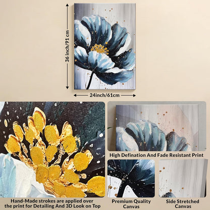 Wall Art Abstract Flower Stretched Canvas Painting Blue and Gold Floral Painting Abstract Paintings for Bedroom Office Wall Décor Hand Painted Canvas Art 3D Textured Floral 61x91 cm