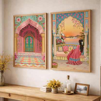 Rajasthani Woman Balcony Lake View Wall Art Painting | Set of 2 Framed Paintings | Indian Aesthetic Decor for Living Room Bedroom Home Office | (ART 1, 13x19 INCHES)