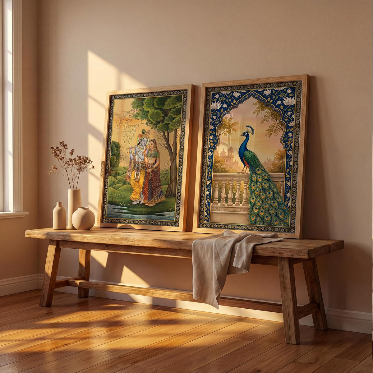 Radha Krishna Miniature Painting with Peacock Wall Art | Set of 2 Framed Paintings | Traditional Mughal Indian Decor for Living Room Bedroom | (ART 4, 13x19 INCHES)
