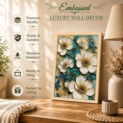 Modern Abstract 3D Textured Floral Painting for Living Room, Teal & Gold Blooming Flower Motifs Rectangular Shape Framed Wall Painting for Home Decor (Size: 8x12 Inch)