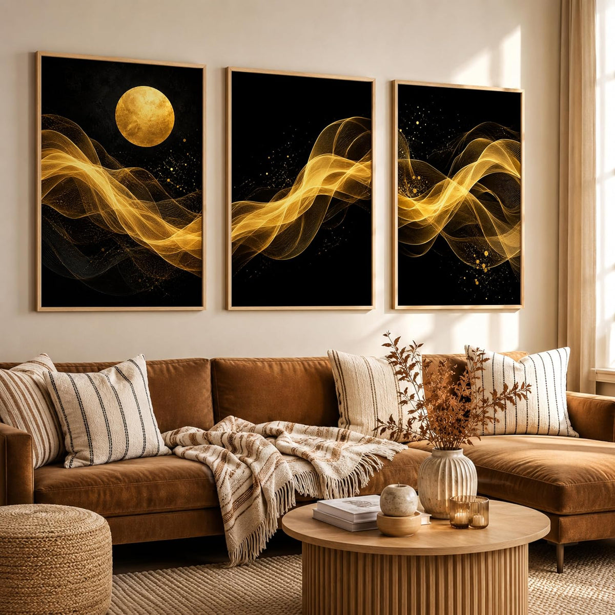 Set of 3 Black Gold Abstract Moon Wall Art Paintings for Living Room | Luxury Modern Wall Decor | Golden Wave Wall Paintings for Bedroom, Hall, Office & Home Decoration (13x19 Inches)