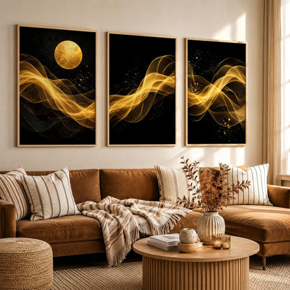 Set of 3 Black Gold Abstract Moon Wall Art Paintings for Living Room | Luxury Modern Wall Decor | Golden Wave Wall Paintings for Bedroom, Hall, Office & Home Decoration (13x19 Inches)