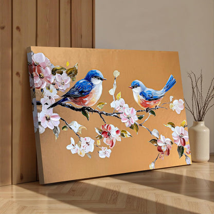 Stretched Canvas Glitter Gold Foil 3D Bird Wall Art with Cherry Blossom Flowers, Stretched Canvas Textured Floral Bird Painting Hand-Painted Blue Birds Sakura Branch Gold Art, 61x91 cm