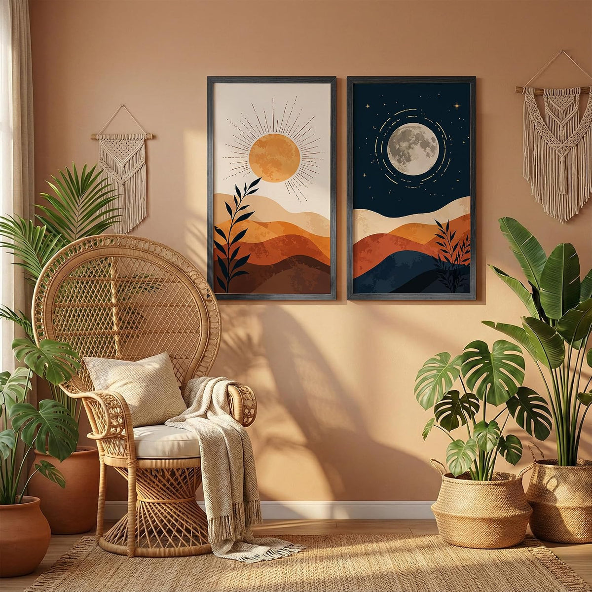 Minimalist Sun Moon Wall Art Set of 2 Framed Prints, Abstract Mountain Landscape Posters, Boho Neutral Scandinavian Nature Decor for Living Room, Bedroom & Office, 10x19 Inch Wooden Frames