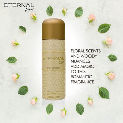 Body spray bottle labeled 'Eternal Love' surrounded by flowers and leaves on a light background