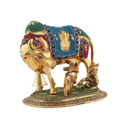 Kalakriti Gold Plated Kamdhenu Cow with Calf Statue |Gau MATA Idol for Pooja |Vastu Feng Shui Decorative Items for Home |Religious Idol Housewarming Gift | Showpiece with Krishna (21x17 cm,1 kg)