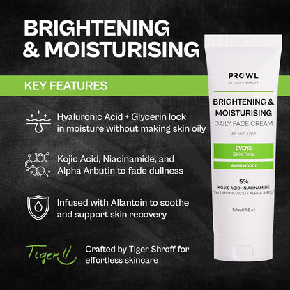 PROWL by Tiger Shroff Face Brightening Moisturizer Cream 5% Kojic Acid, Alpha Arbutin, Niacinamide & Hyaluronic Acid Daily Use Moisturiser For Dry Oily Combination All Skin Type, Warm Woody,50ml