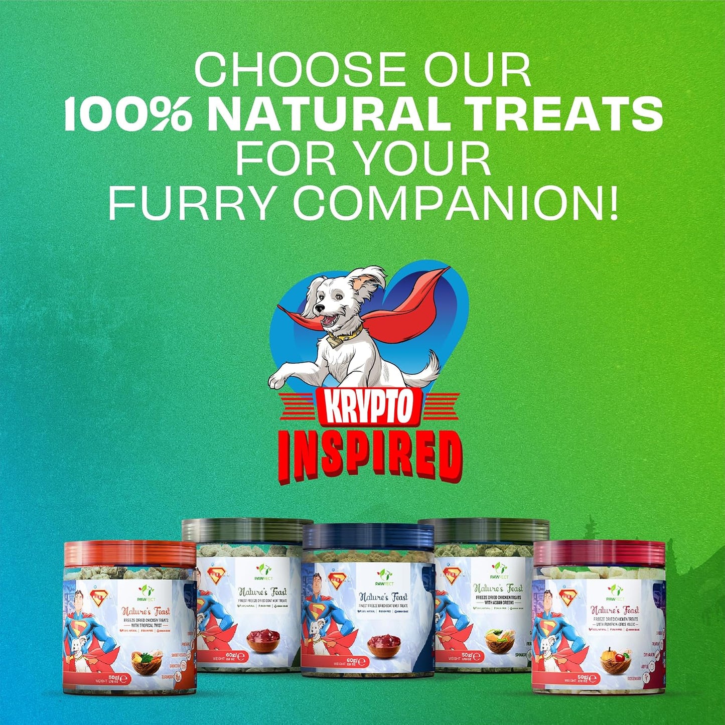 Pawfect Nature's Feast Freeze-Dried Treats with Asian Greens for Dogs | Superman Edition | 80% Chicken, 20% Veggies & Fruits|100% Natural|Grain-Free|High Protein Training Treat (50g/1.76oz)