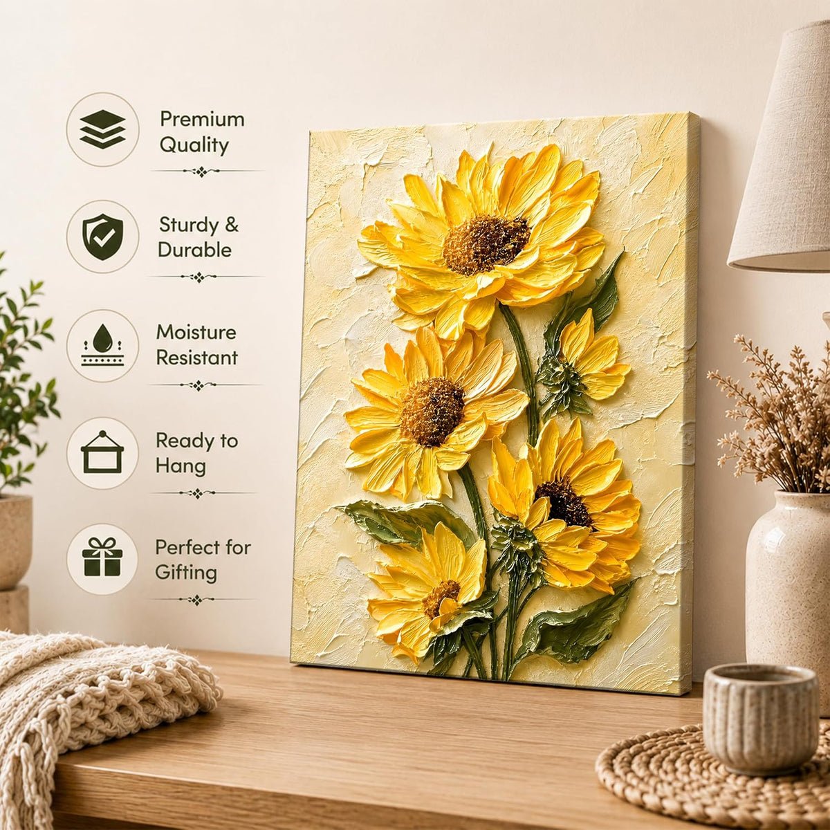 Textured Embossed Floral Canvas Wall Art Painting for wall decoration, Vibrant Yellow Sunflower Motifs Stretched Canvas Painting for living room, bedroom, office and Home, 22x34 Inch